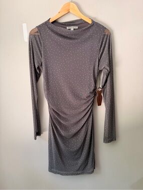 Gray Long-Sleeve Ruched Dress with Sparkle
